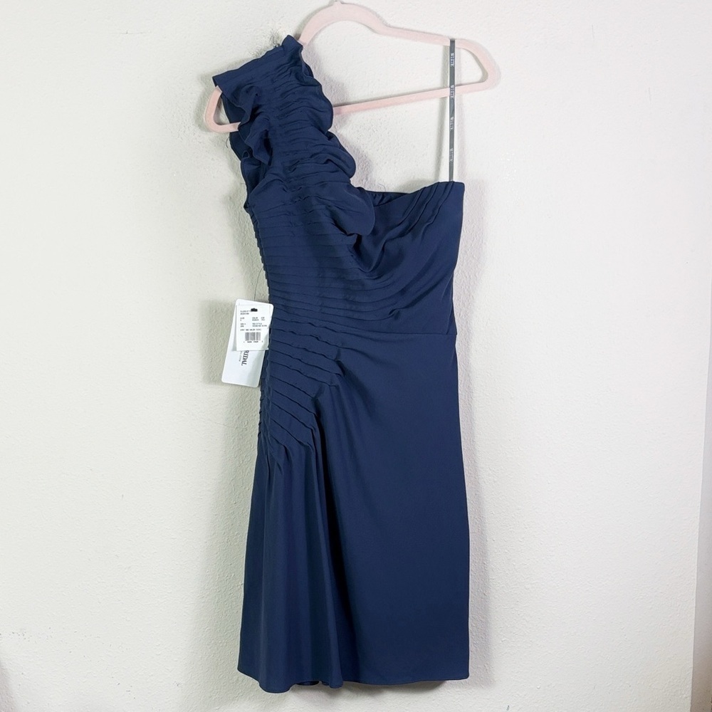 NWT White By Vera Wang x David’s Bridal Navy Blue One Shoulder Ruffle Dress sz 0